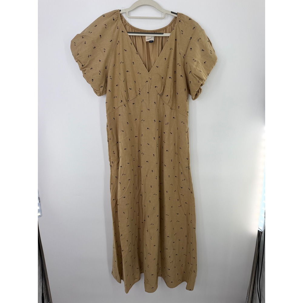 Universal Thread Tan Floral Linen Blend Puff Sleeve Midi Dress Pockets Large